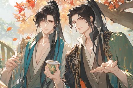 18681-537617578-multiple boys, 2boys, long hair, sitting, male focus, cup, black hair, ponytail, tree, chinese clothes, outdoors, leaf, table, h(2).png